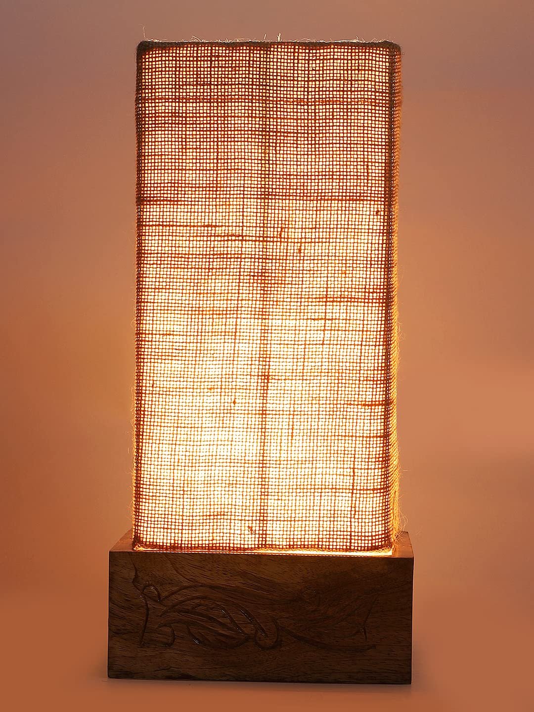 Beige Jute Table lamp with Carving Wood Natural Base