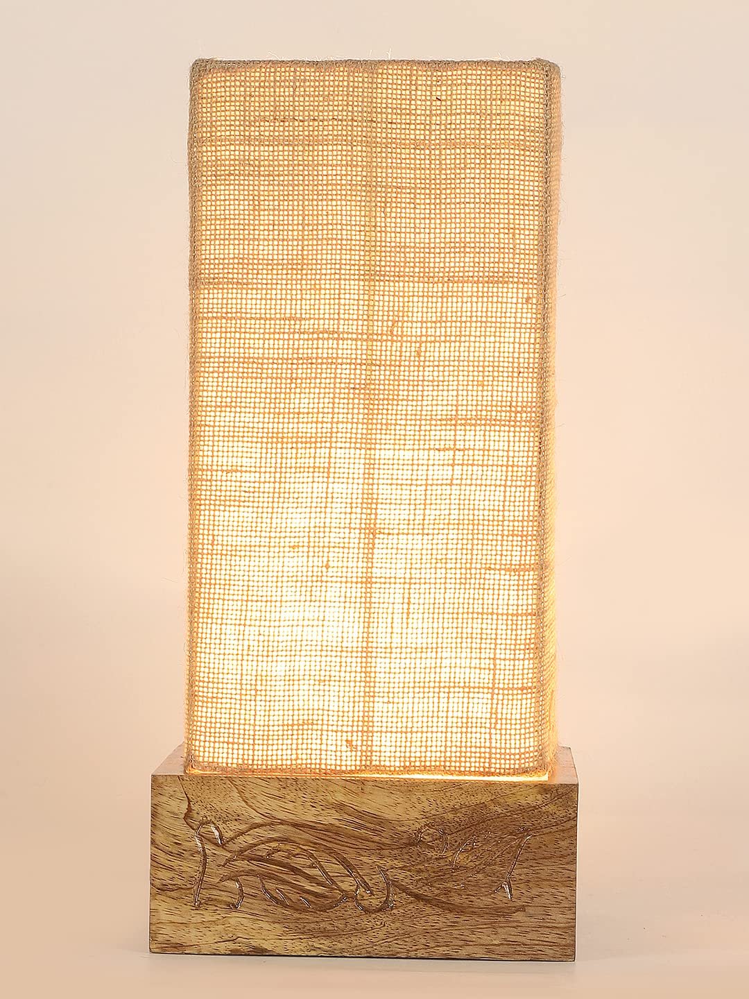 Beige Jute Table lamp with Carving Wood Natural Base