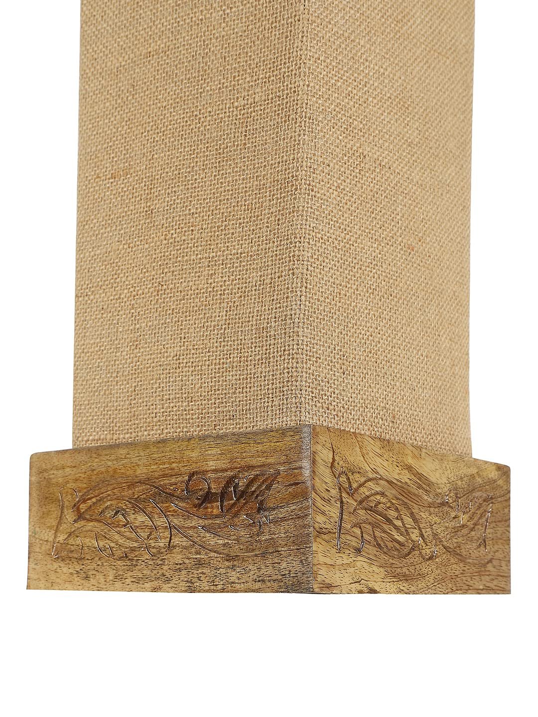 Beige Jute Table lamp with Carving Wood Natural Base