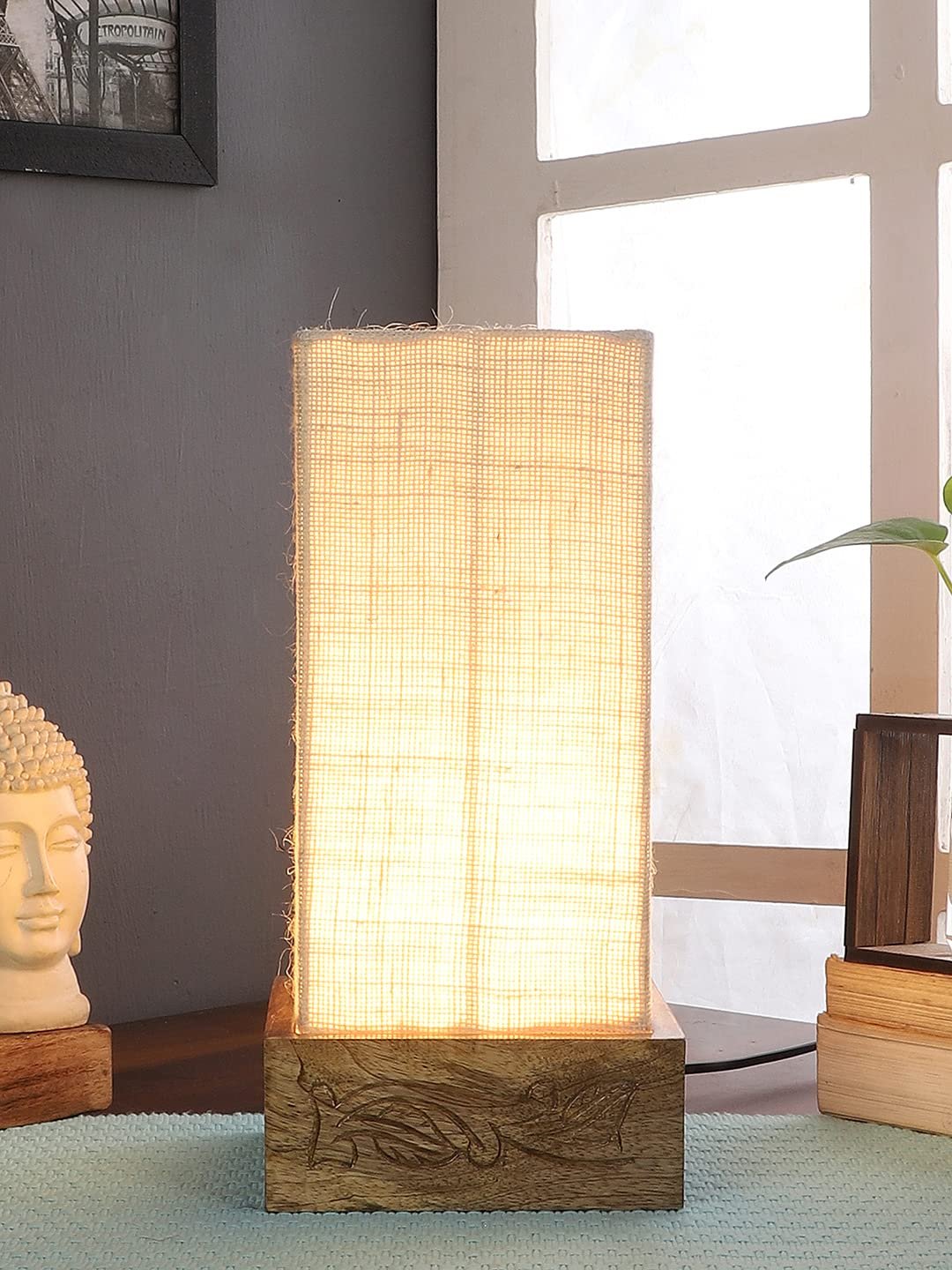 White Jute Table lamp with Carving Wood Natural Base