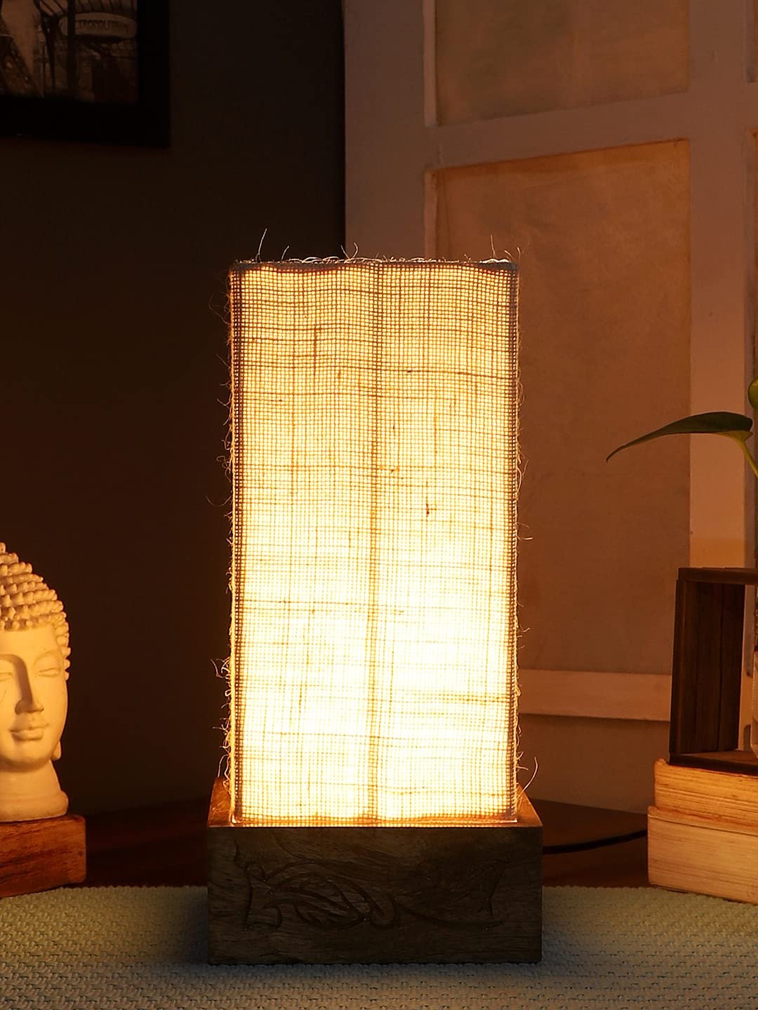 White Jute Table lamp with Carving Wood Natural Base