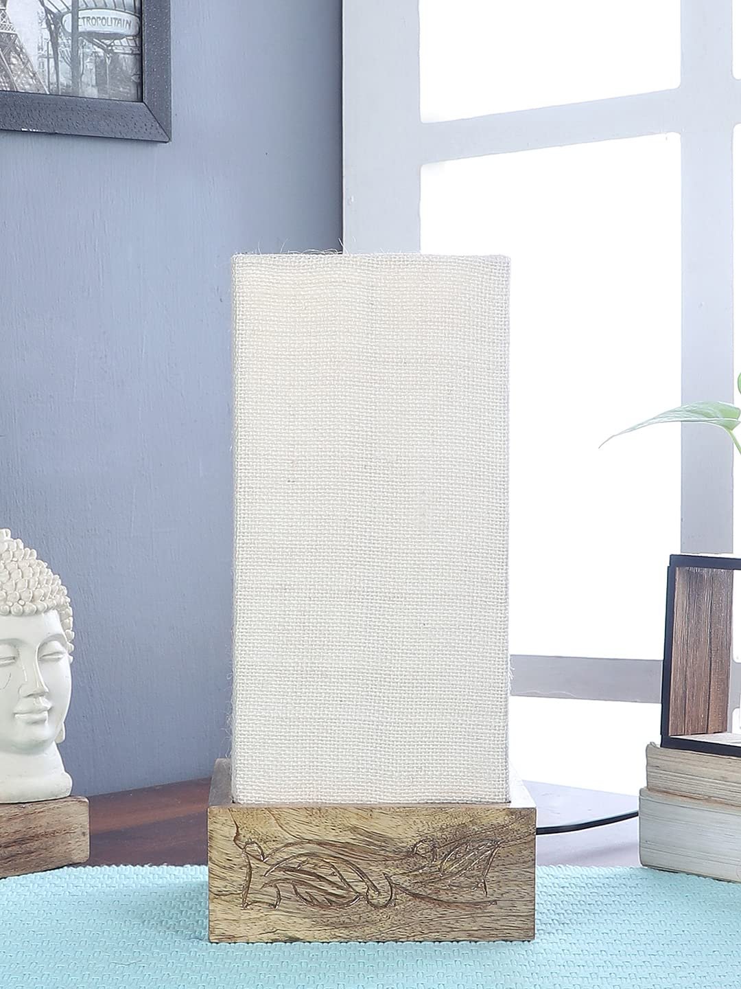 White Jute Table lamp with Carving Wood Natural Base