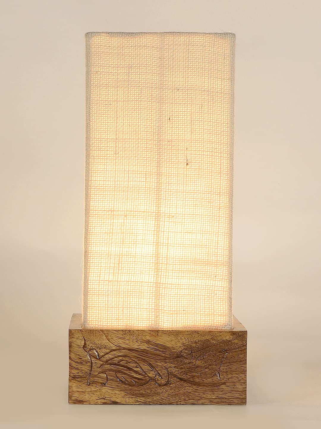 White Jute Table lamp with Carving Wood Natural Base