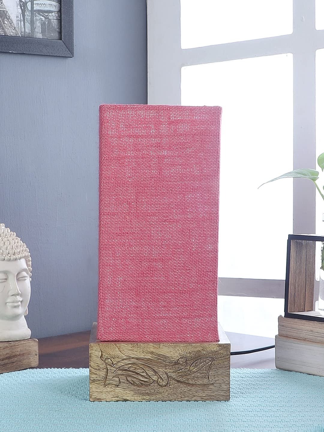 Pink Jute Table lamp with Carving Wood Natural Base
