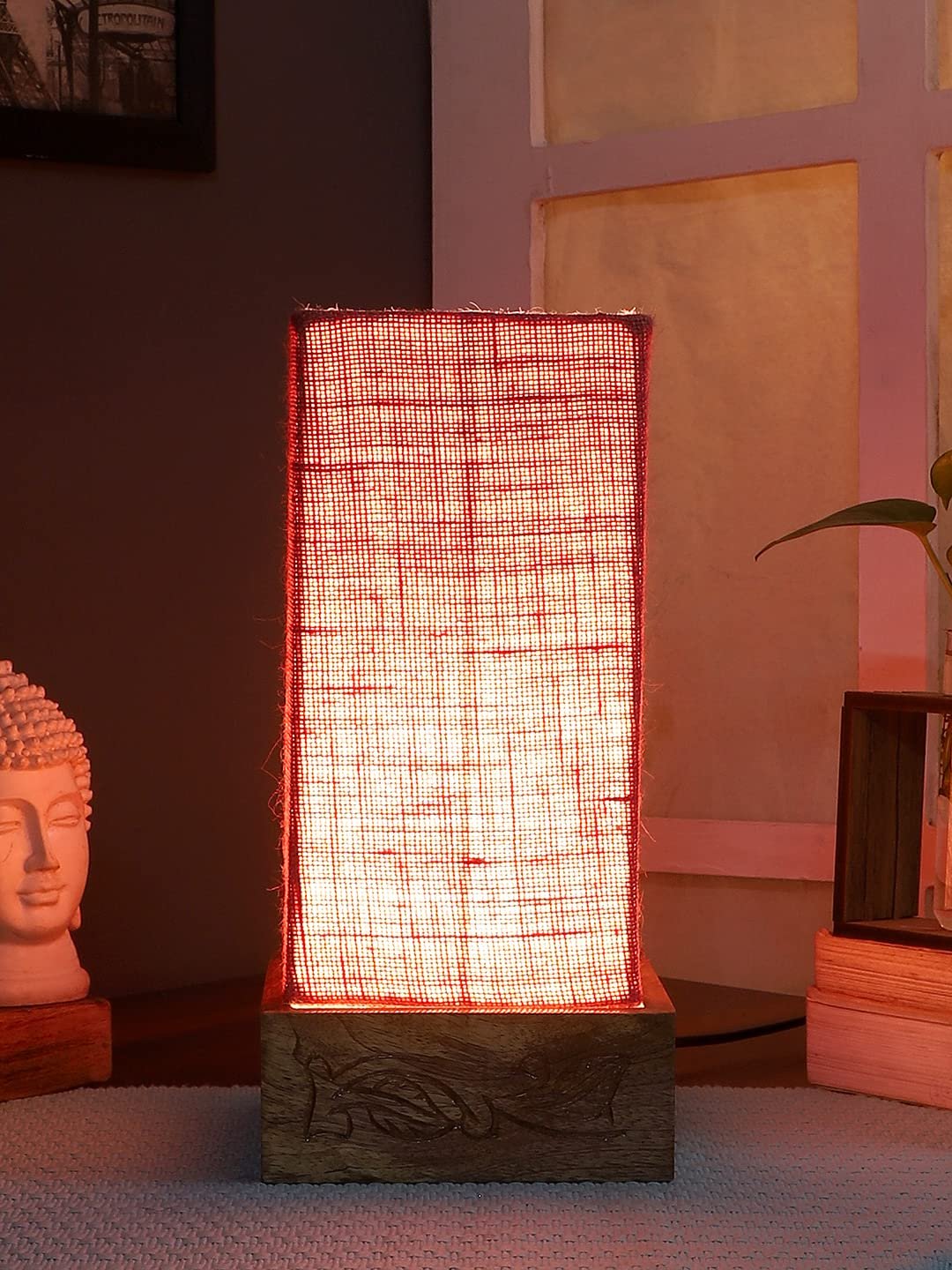 Pink Jute Table lamp with Carving Wood Natural Base