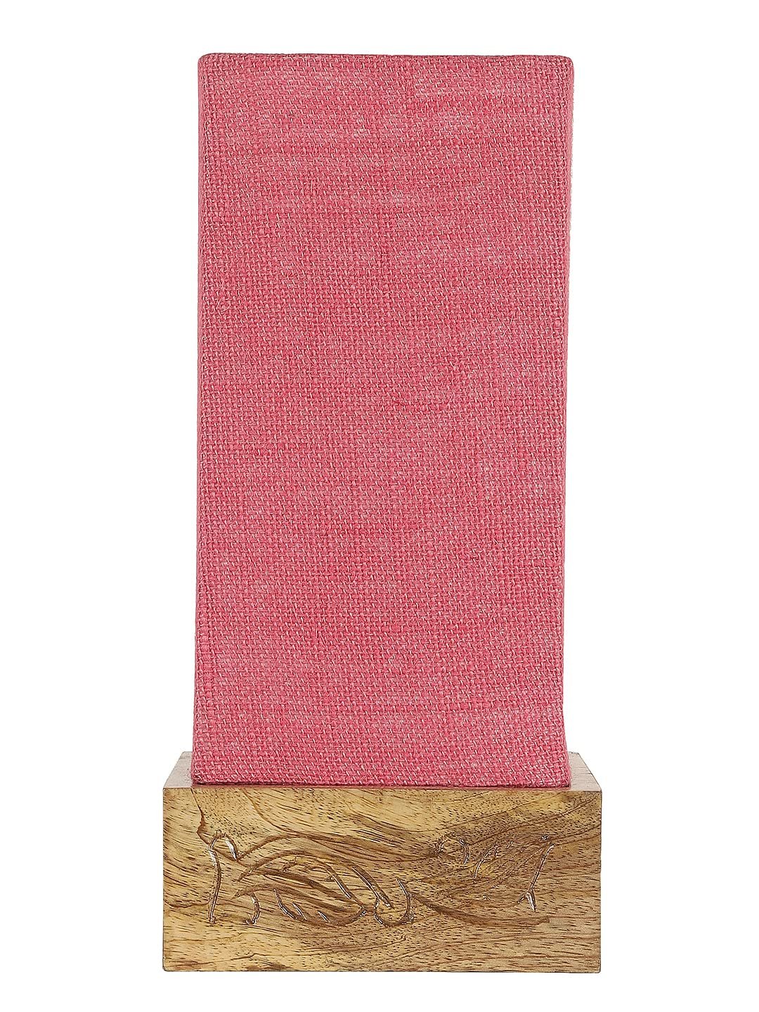 Pink Jute Table lamp with Carving Wood Natural Base
