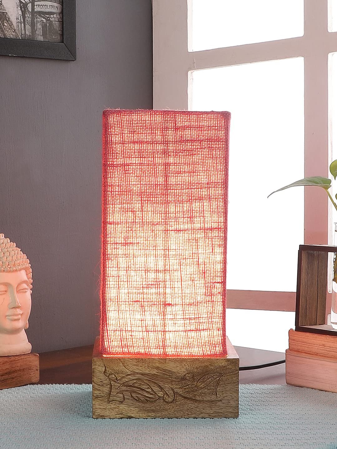Pink Jute Table lamp with Carving Wood Natural Base