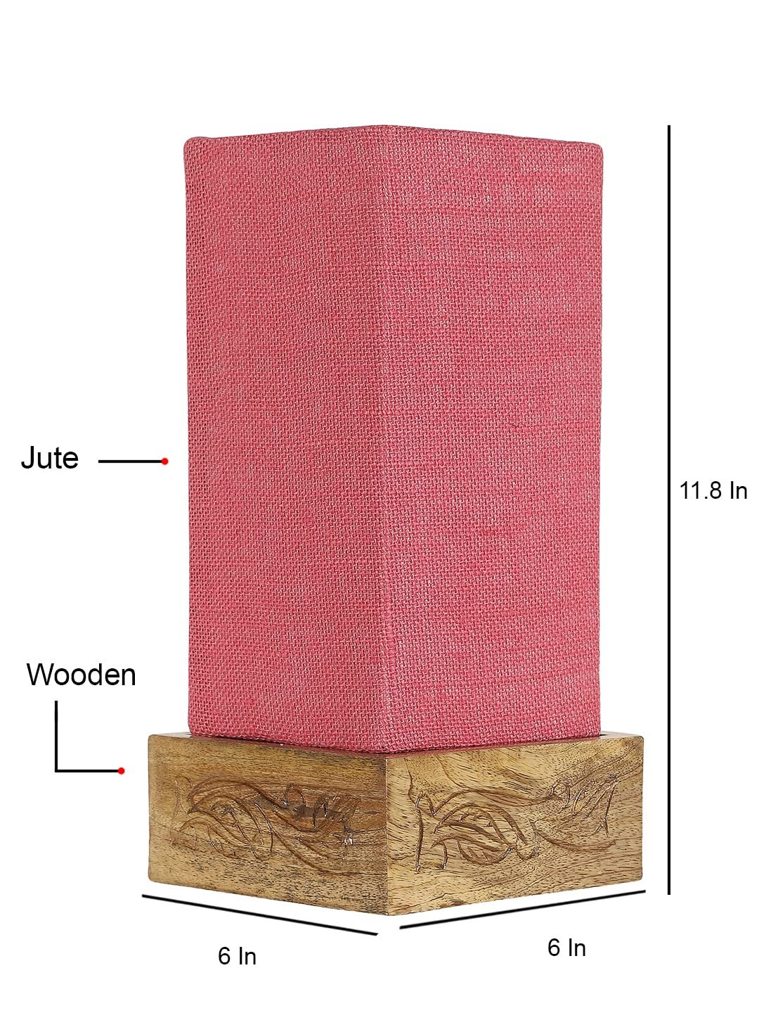 Pink Jute Table lamp with Carving Wood Natural Base