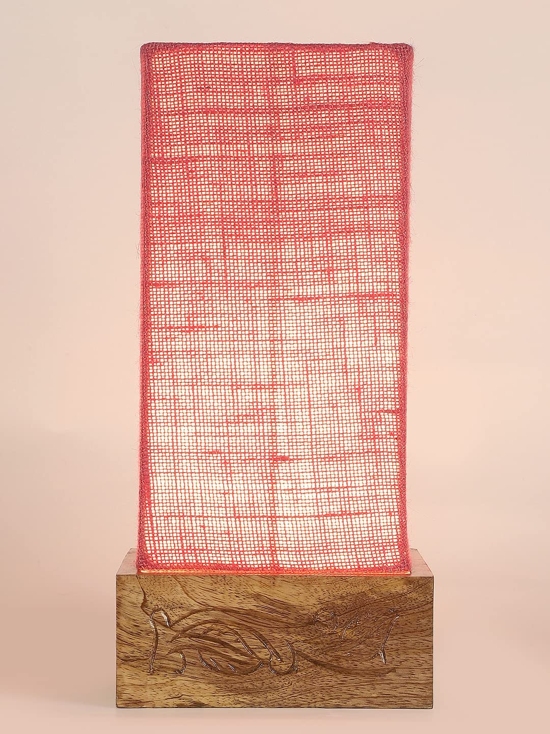 Pink Jute Table lamp with Carving Wood Natural Base