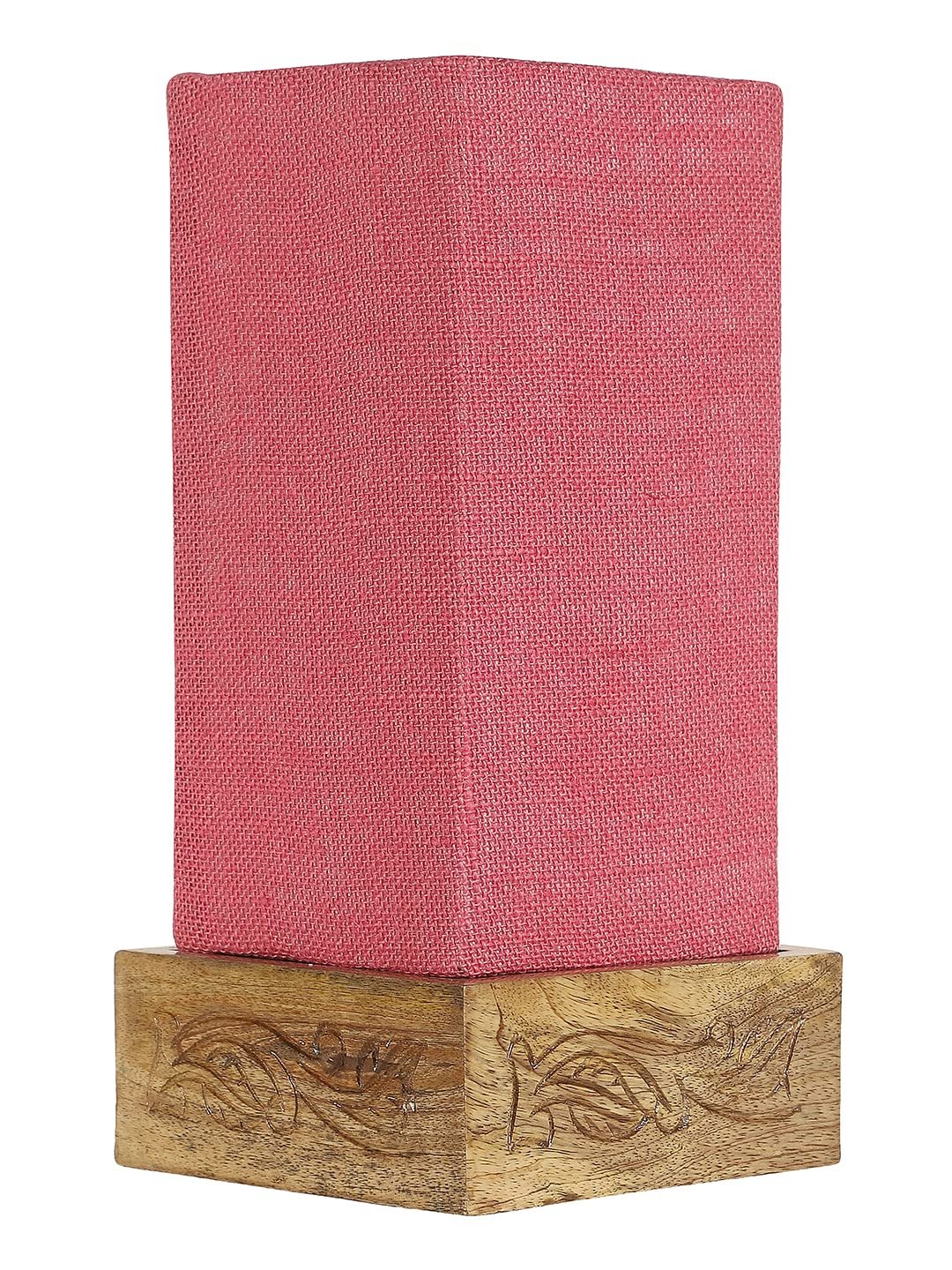 Pink Jute Table lamp with Carving Wood Natural Base