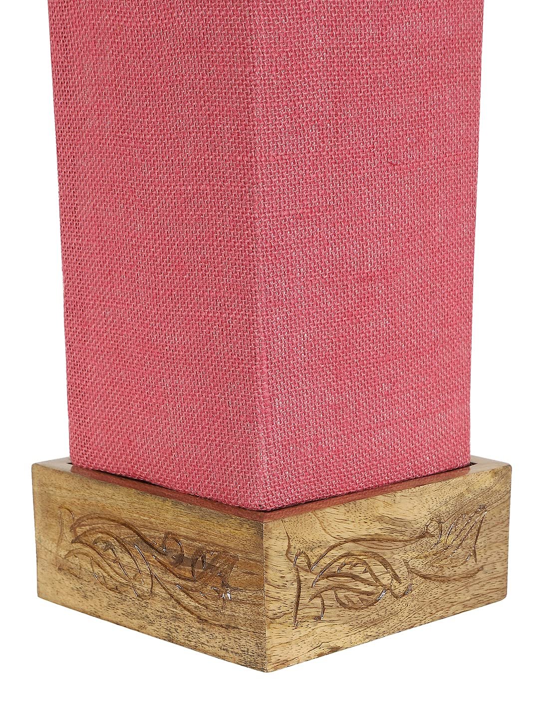 Pink Jute Table lamp with Carving Wood Natural Base