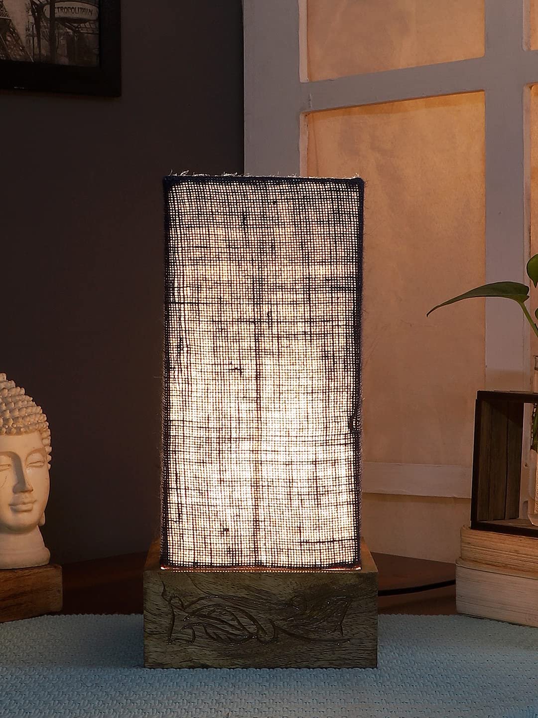 Blue Jute Table lamp with Carving Wood Natural Base
