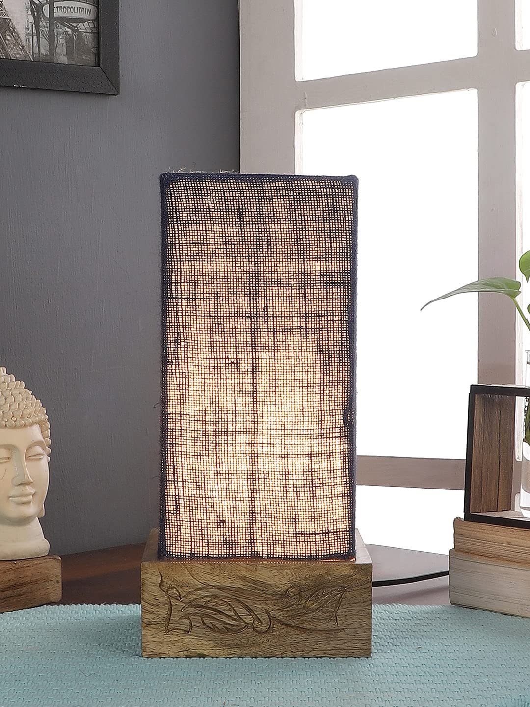 Blue Jute Table lamp with Carving Wood Natural Base