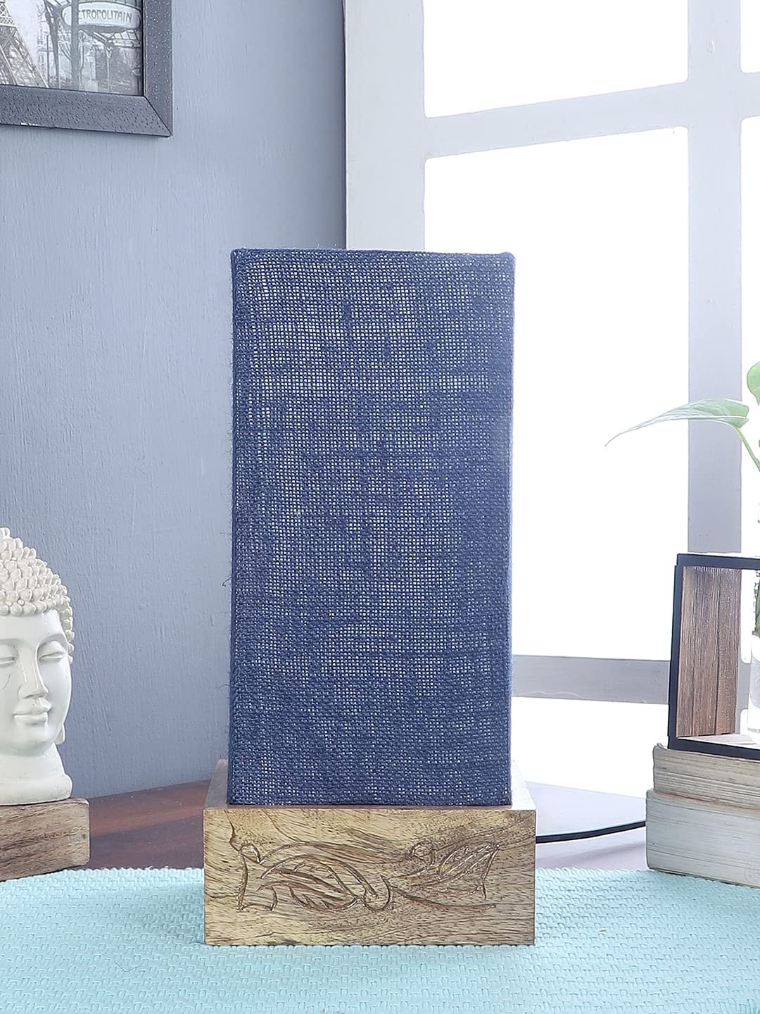 Blue Jute Table lamp with Carving Wood Natural Base