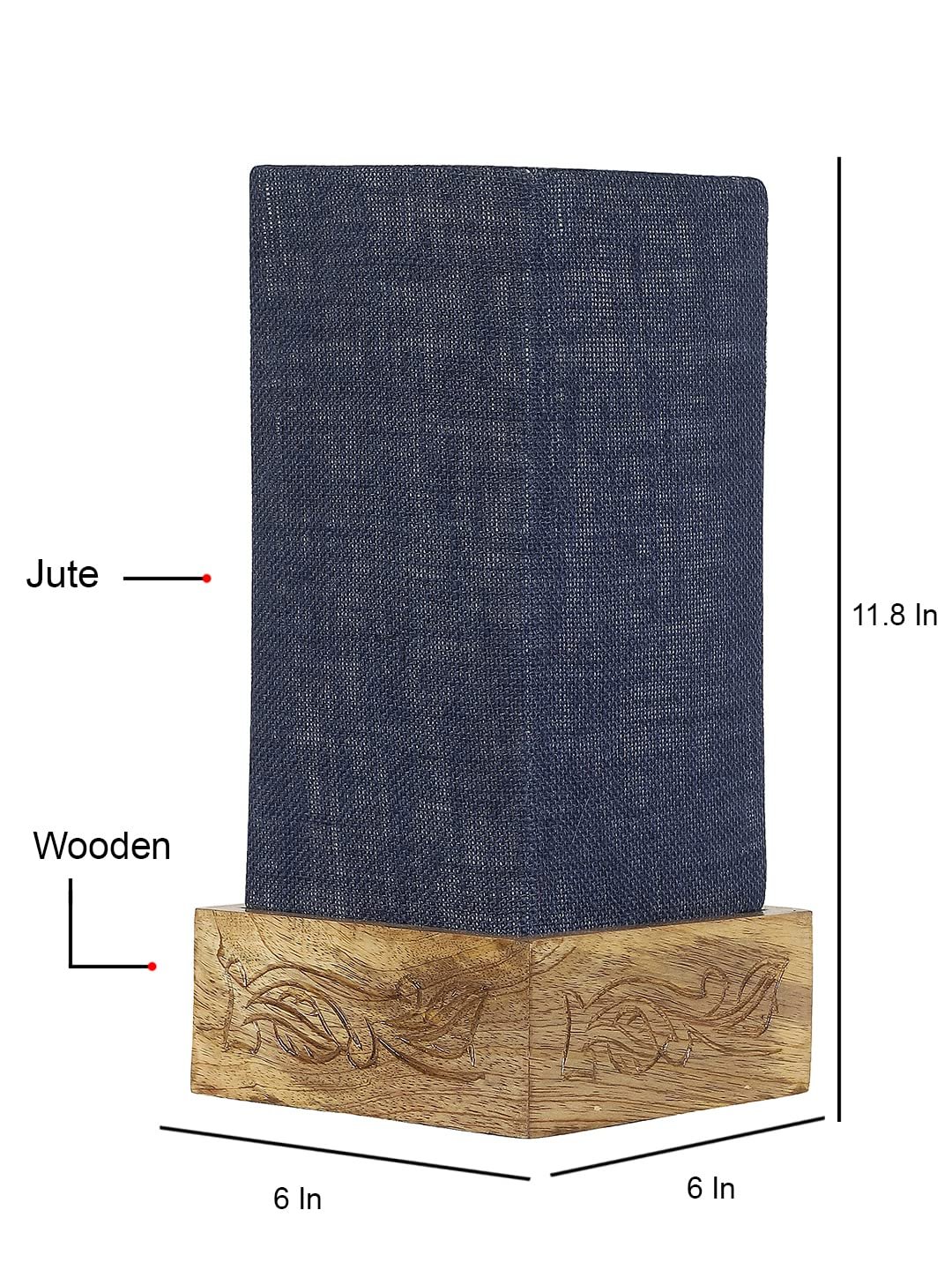 Blue Jute Table lamp with Carving Wood Natural Base