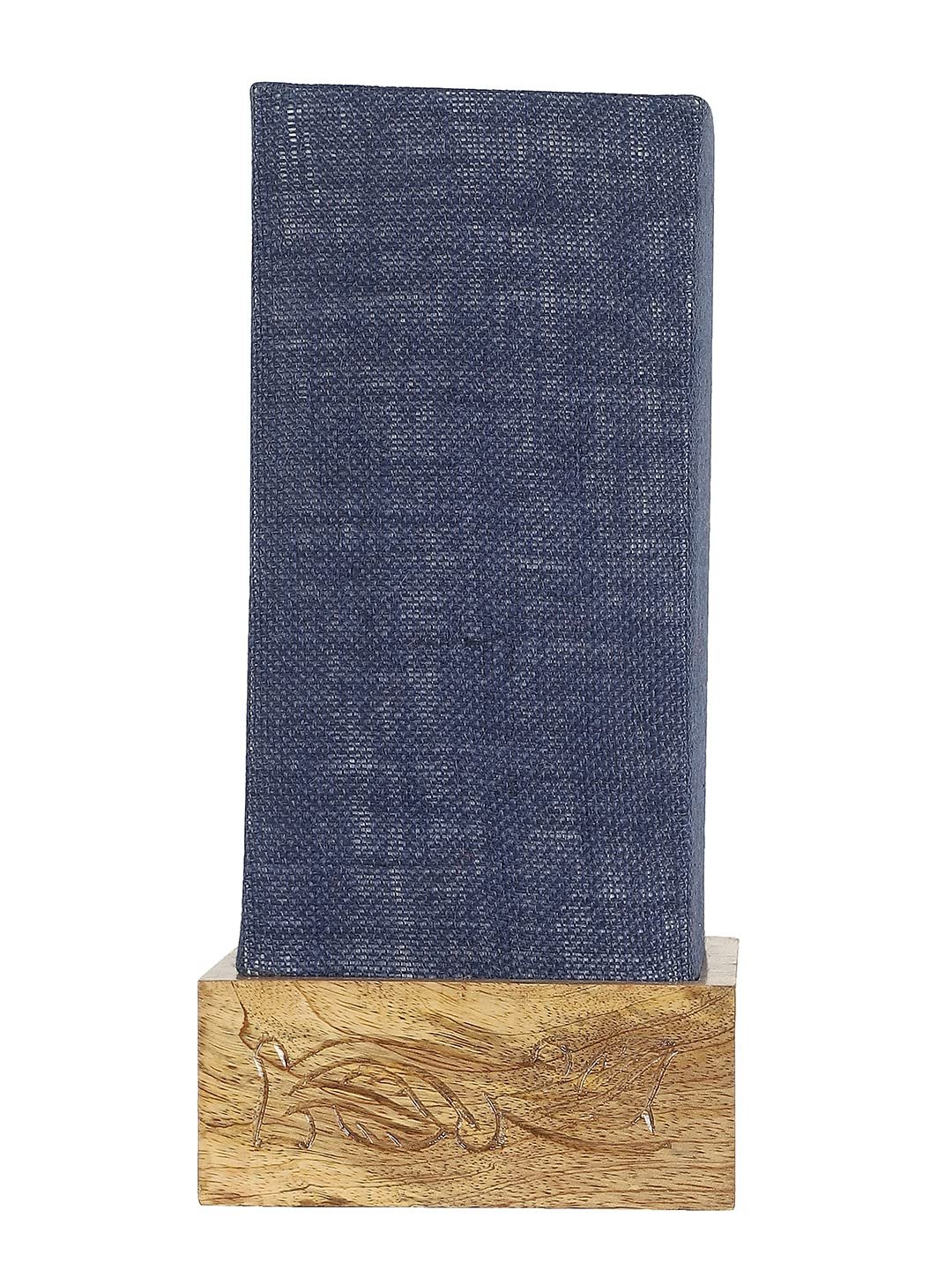 Blue Jute Table lamp with Carving Wood Natural Base