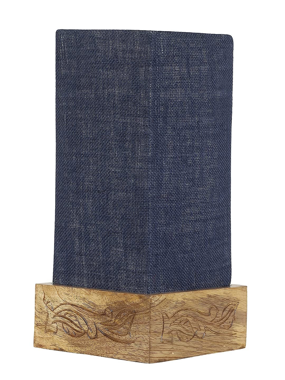 Blue Jute Table lamp with Carving Wood Natural Base