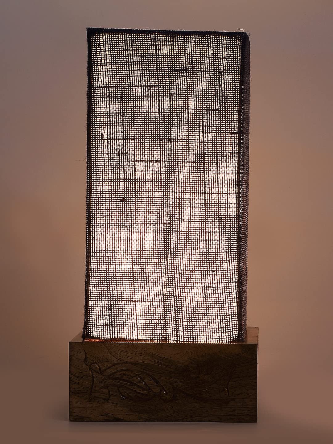 Blue Jute Table lamp with Carving Wood Natural Base