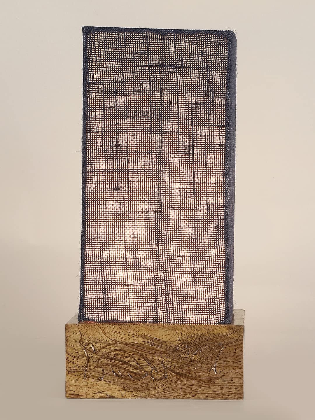 Blue Jute Table lamp with Carving Wood Natural Base