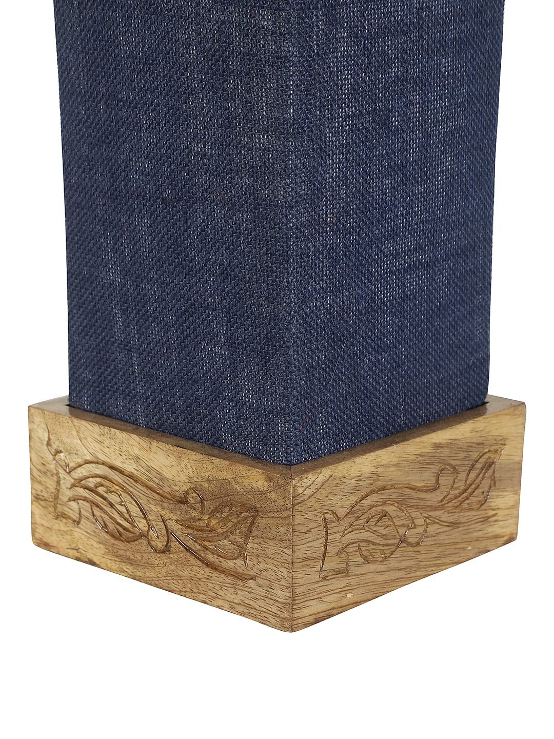 Blue Jute Table lamp with Carving Wood Natural Base