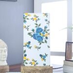 Multicolor Cotton Table lamp with Carving Wood Natural Base