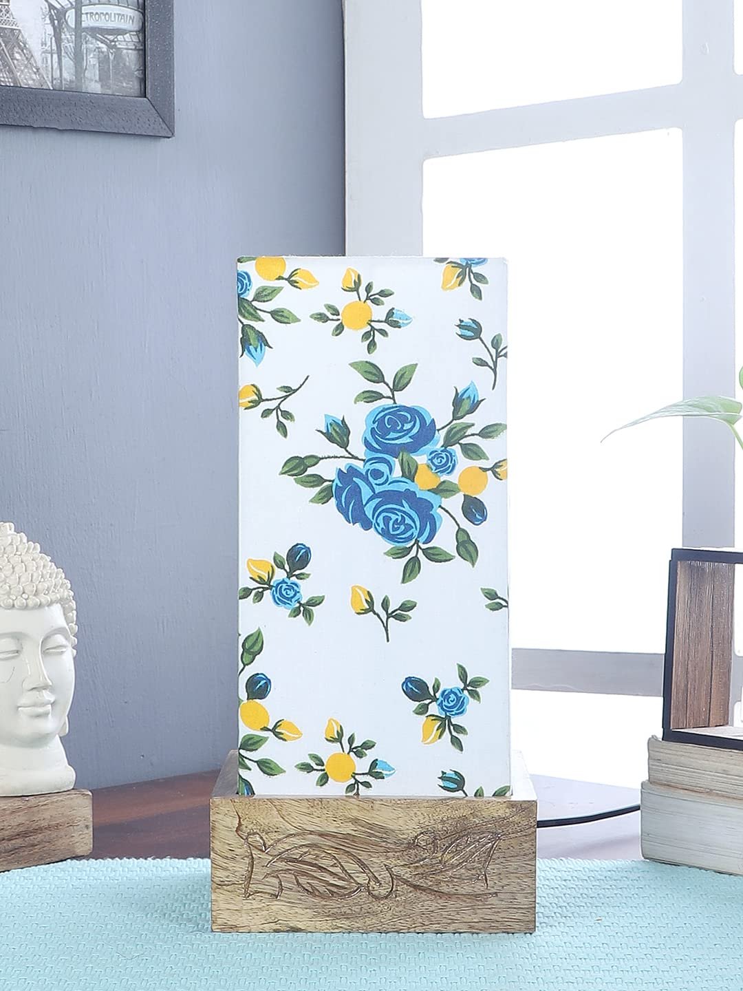 Multicolor Cotton Table lamp with Carving Wood Natural Base