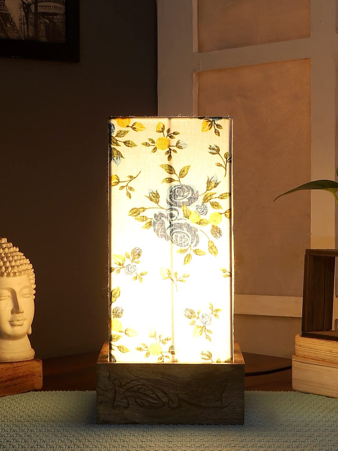 Multicolor Cotton Table lamp with Carving Wood Natural Base