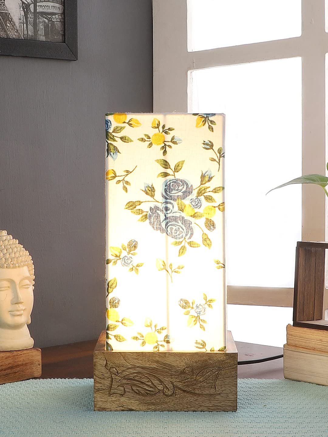 Multicolor Cotton Table lamp with Carving Wood Natural Base