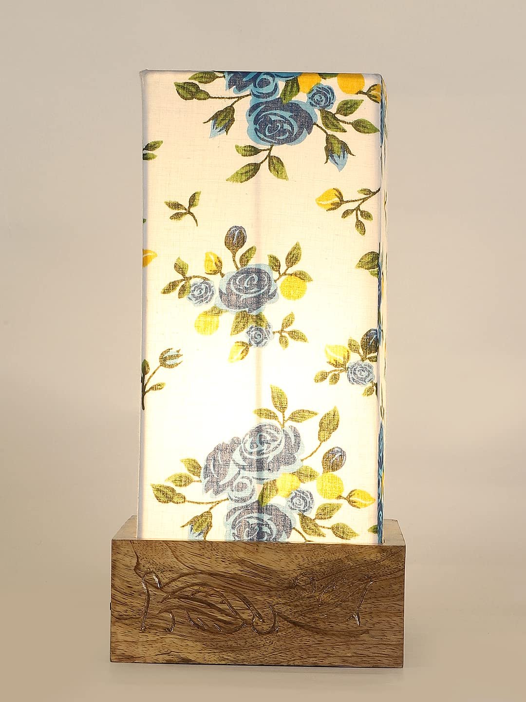 Multicolor Cotton Table lamp with Carving Wood Natural Base