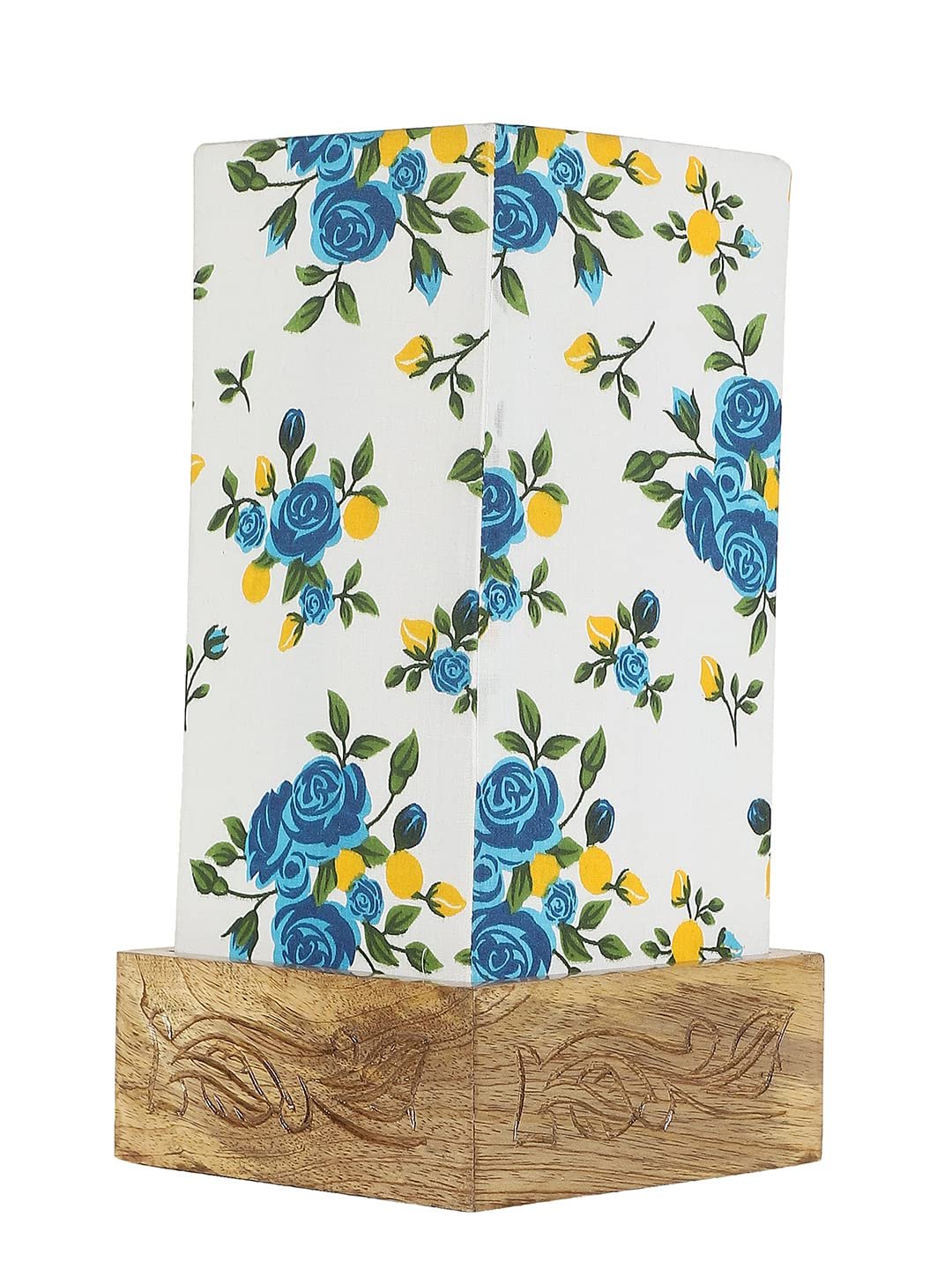 Multicolor Cotton Table lamp with Carving Wood Natural Base