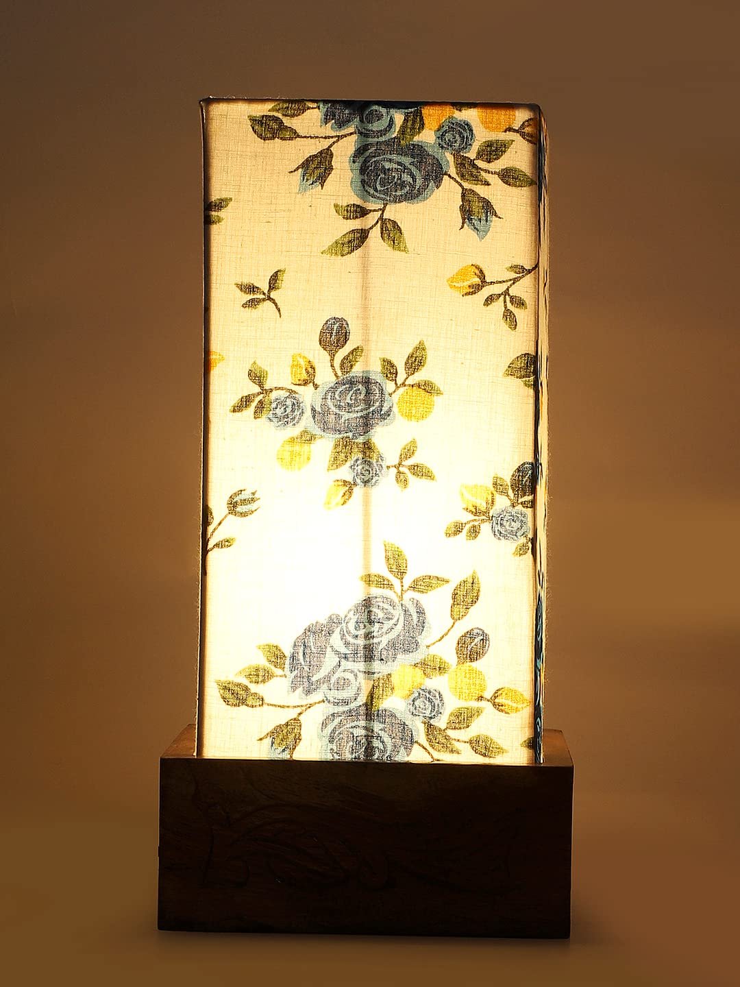Multicolor Cotton Table lamp with Carving Wood Natural Base