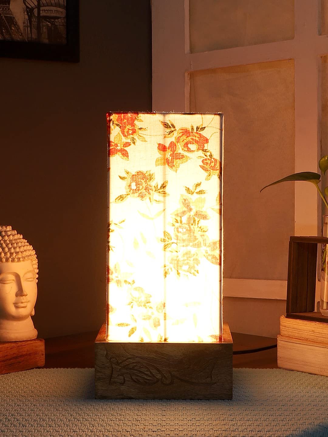 Multicolor Cotton Table lamp with Carving Wood Natural Base
