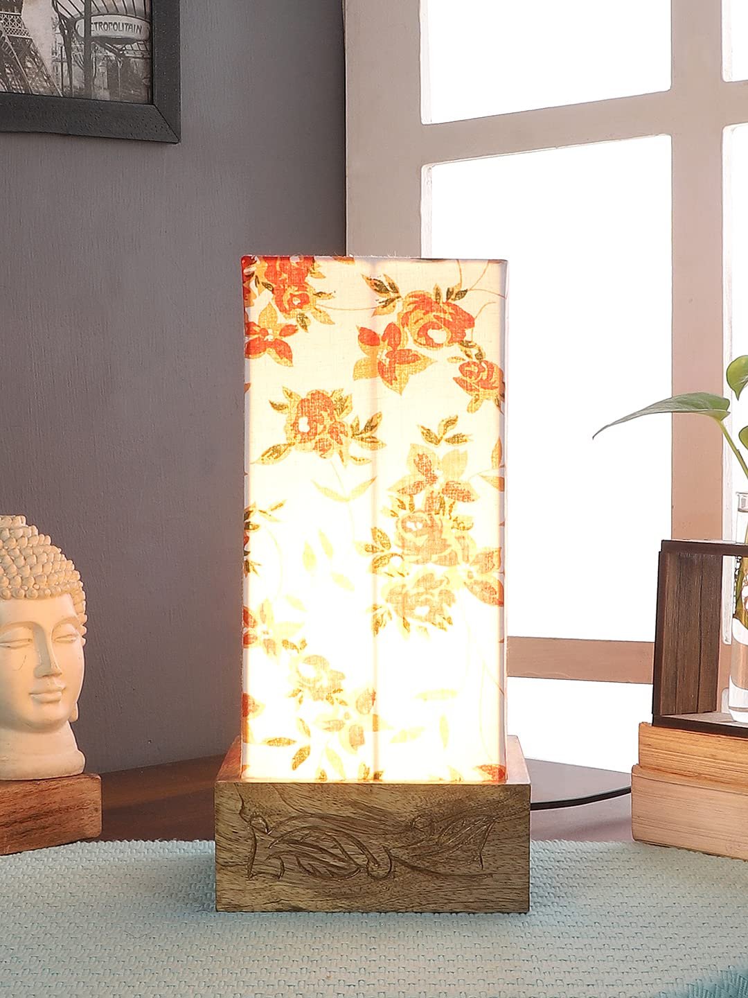 Multicolor Cotton Table lamp with Carving Wood Natural Base