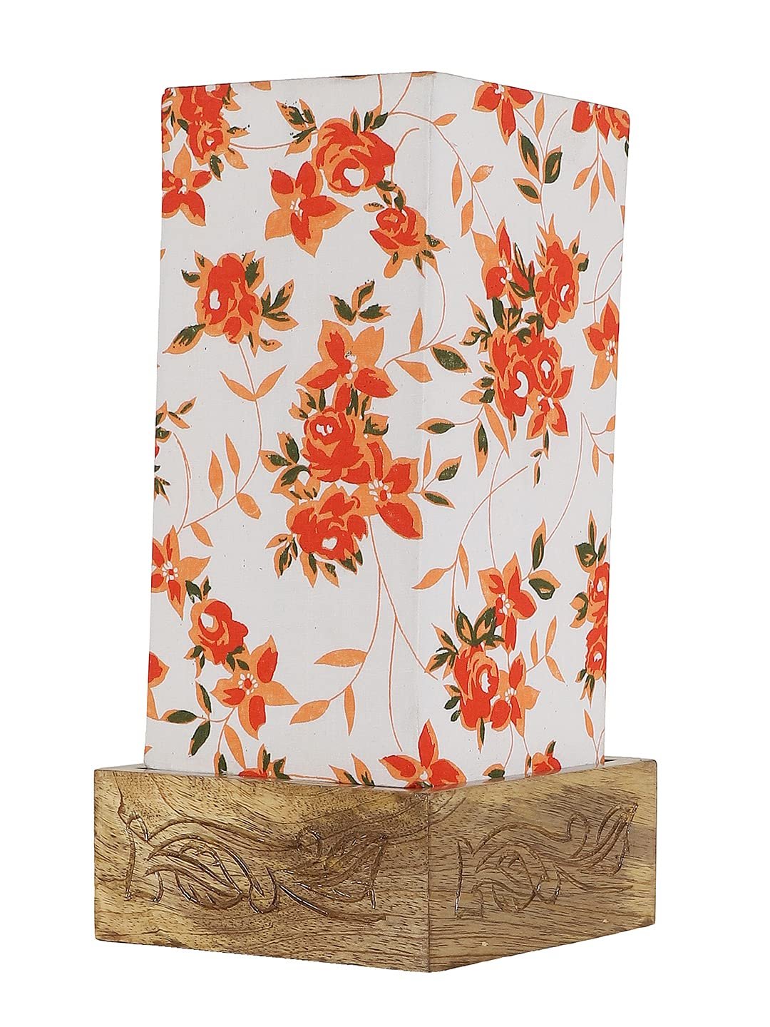 Multicolor Cotton Table lamp with Carving Wood Natural Base