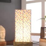 Multicolor Cotton Table lamp with Carving Wood Natural Base