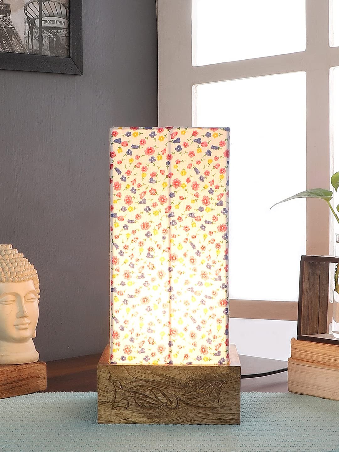 Multicolor Cotton Table lamp with Carving Wood Natural Base