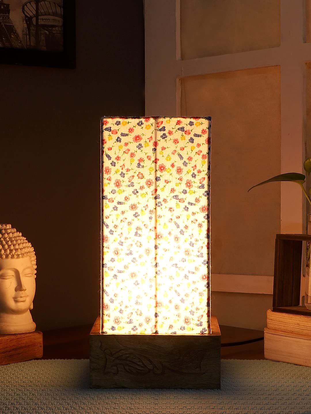 Multicolor Cotton Table lamp with Carving Wood Natural Base