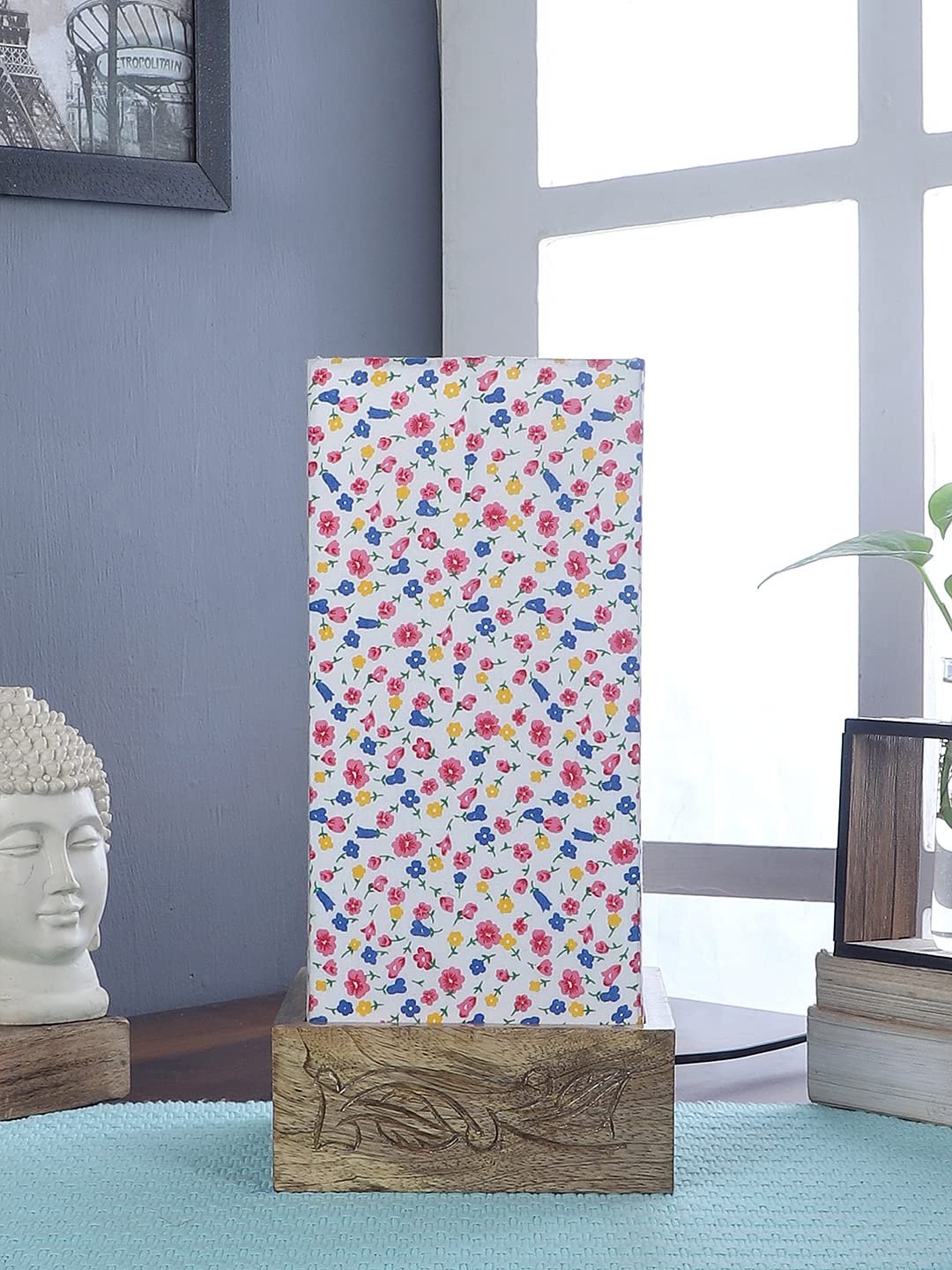 Multicolor Cotton Table lamp with Carving Wood Natural Base