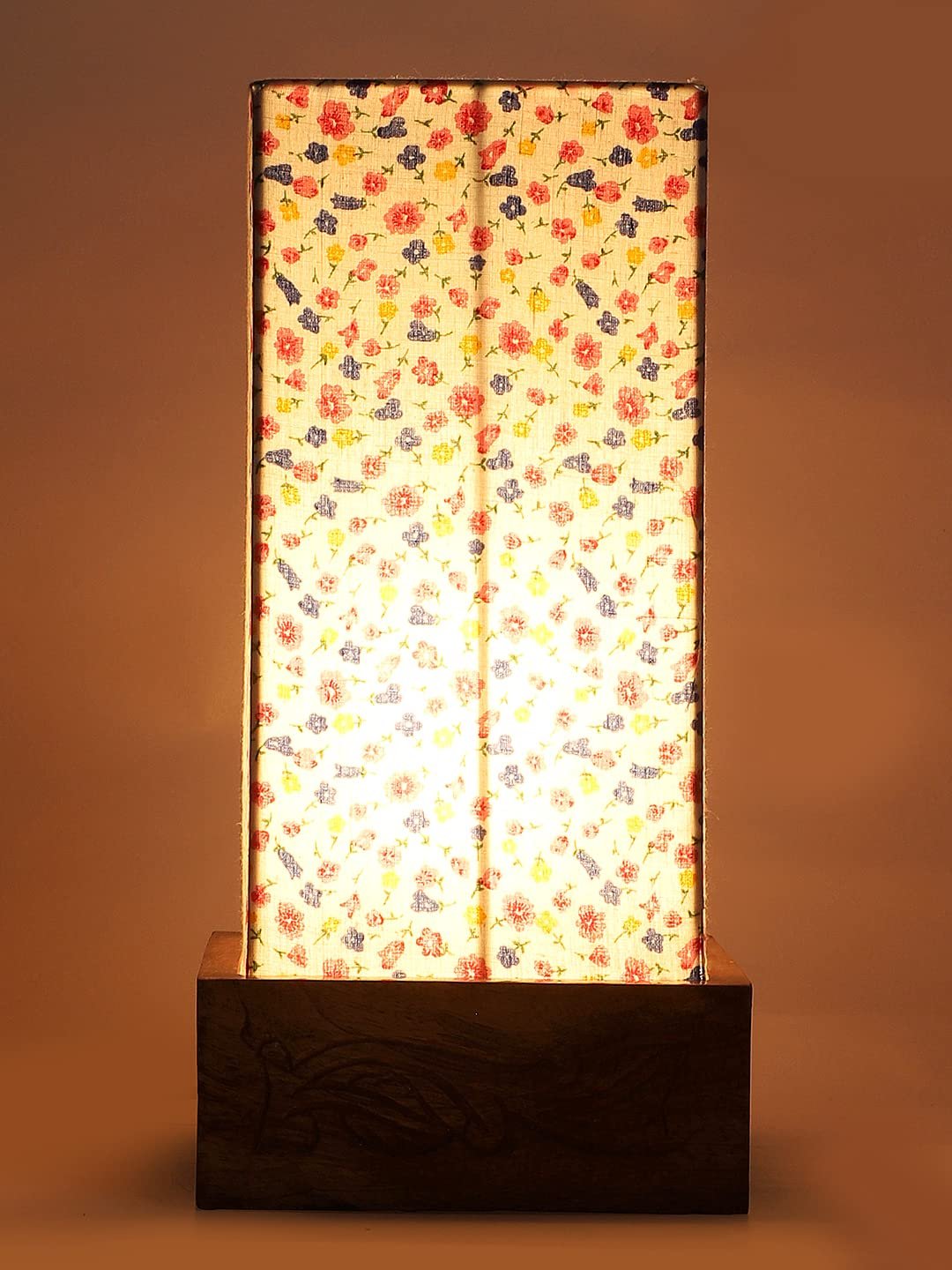 Multicolor Cotton Table lamp with Carving Wood Natural Base