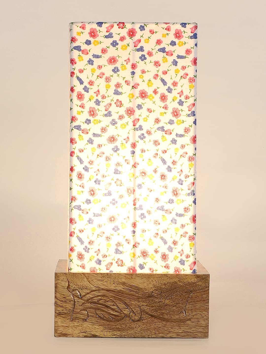 Multicolor Cotton Table lamp with Carving Wood Natural Base