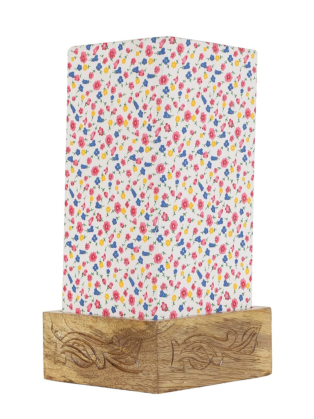 Multicolor Cotton Table lamp with Carving Wood Natural Base