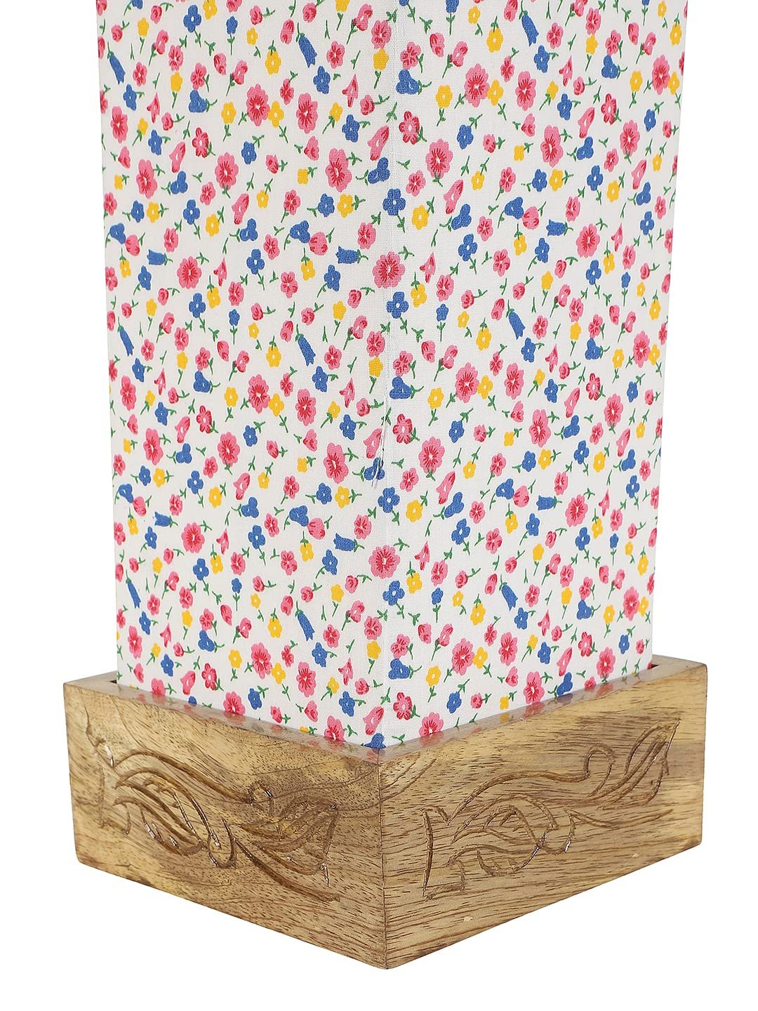 Multicolor Cotton Table lamp with Carving Wood Natural Base