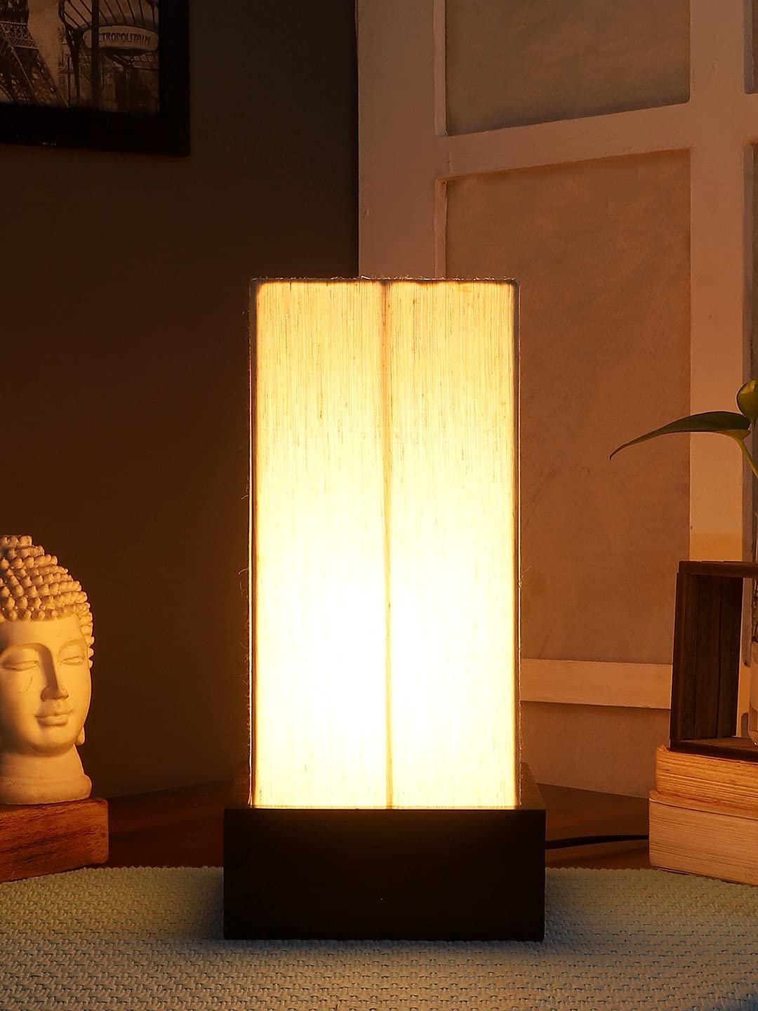 Off White Cotton Table lamp with Wood Brown Base