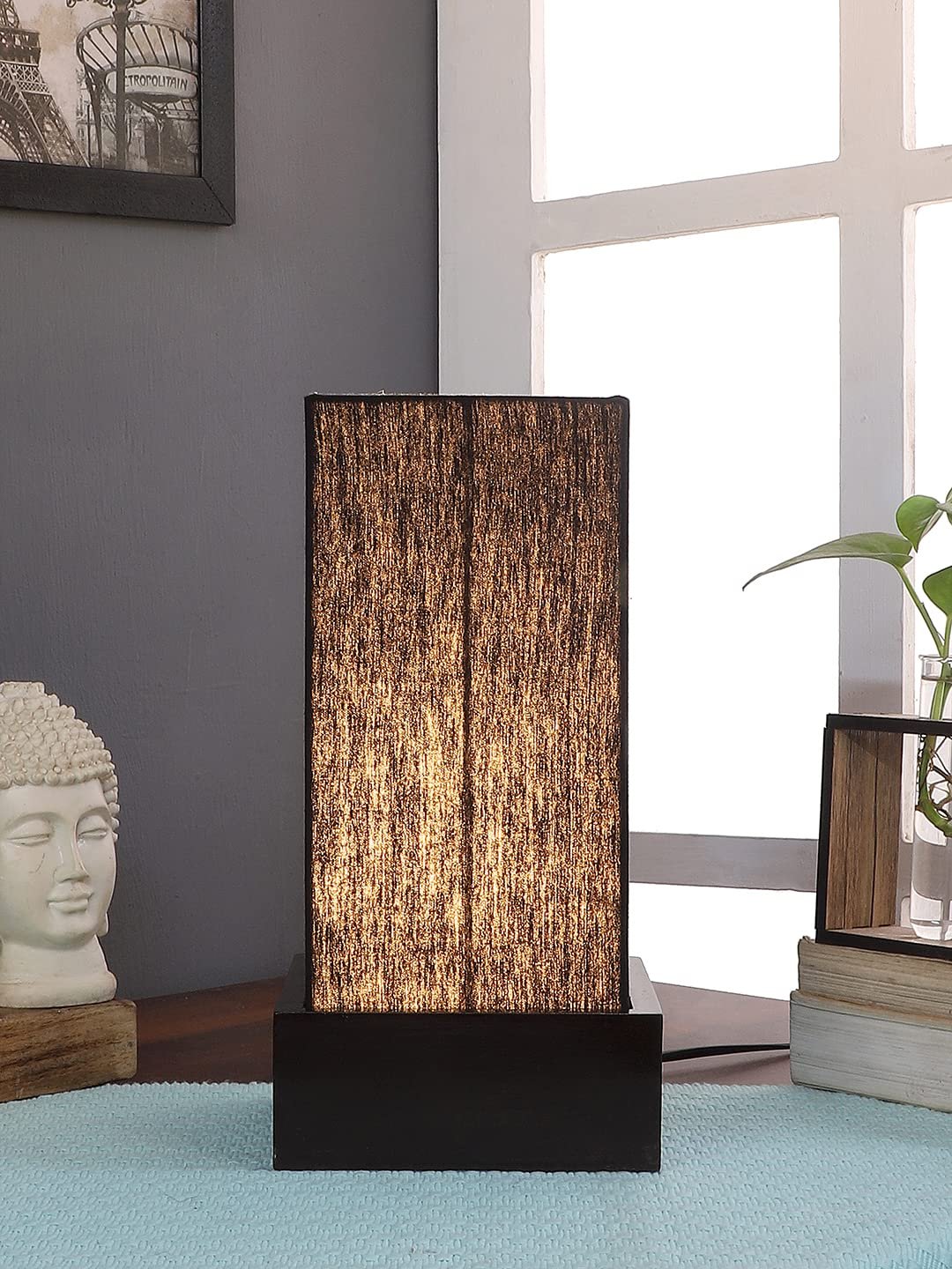 Black Cotton Table lamp with Wood Brown Base
