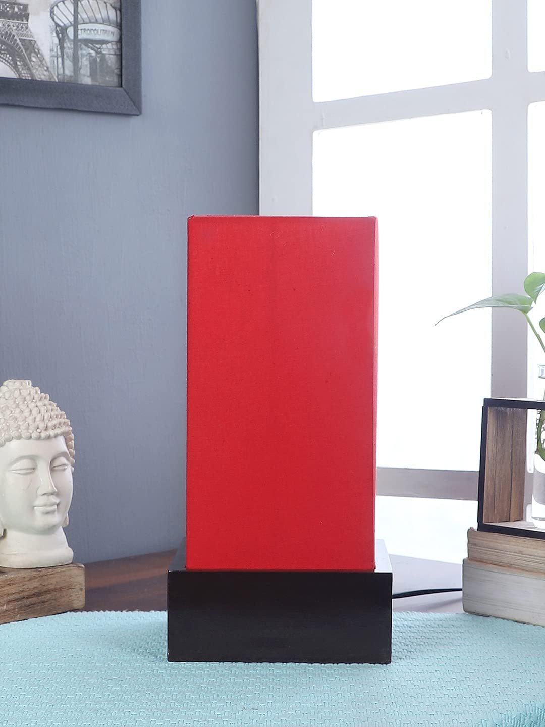 Red Cotton Table lamp with Wood Brown Base