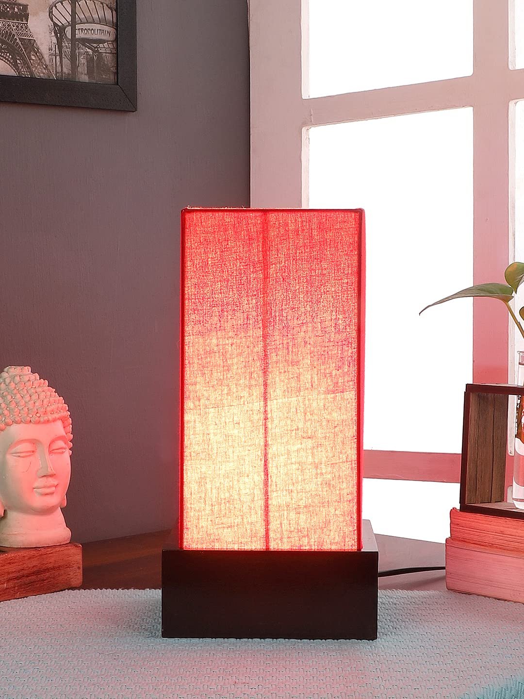 Red Cotton Table lamp with Wood Brown Base