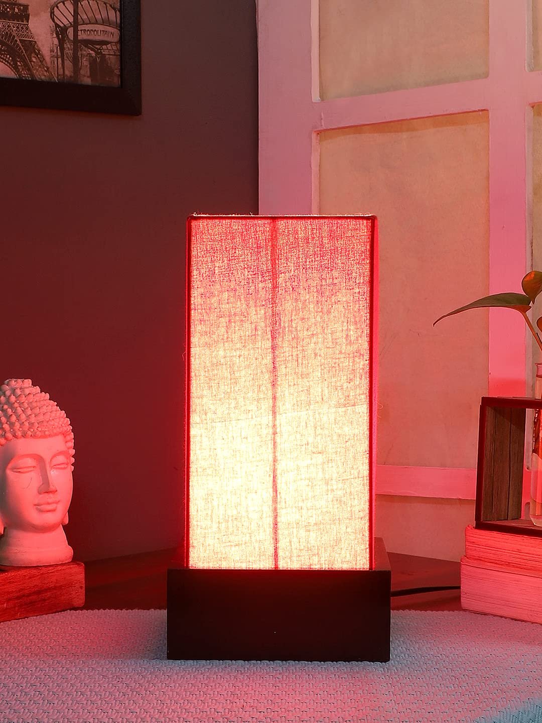 Red Cotton Table lamp with Wood Brown Base