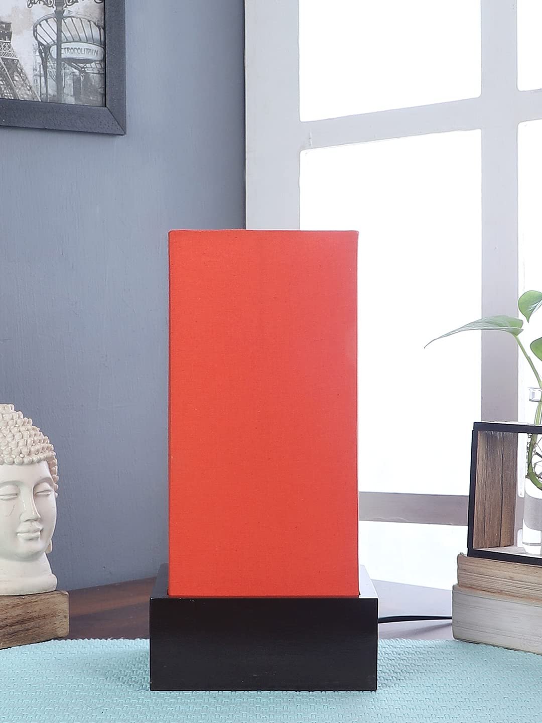 Orange Cotton Table lamp with Wood Brown Base