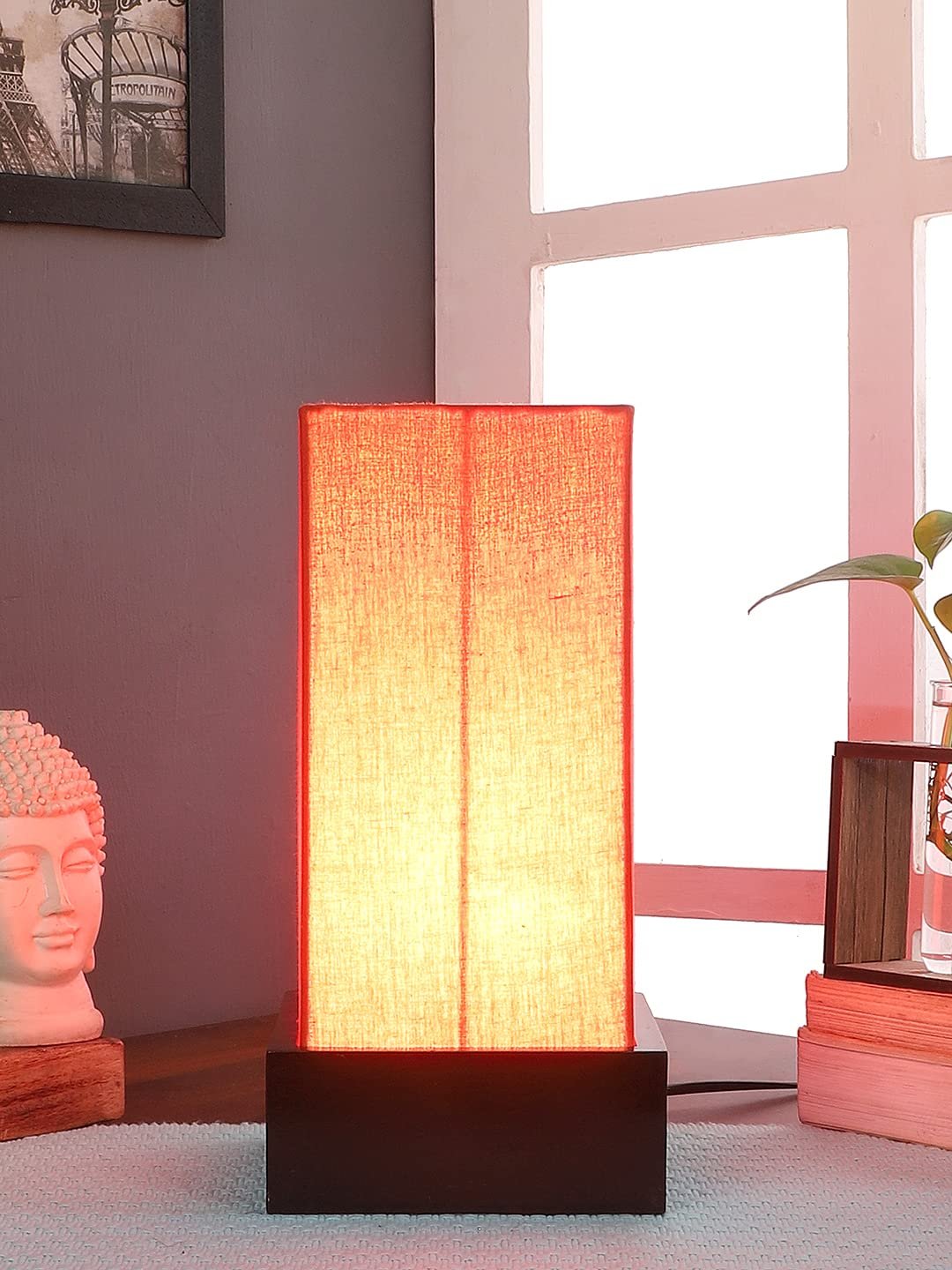 Orange Cotton Table lamp with Wood Brown Base