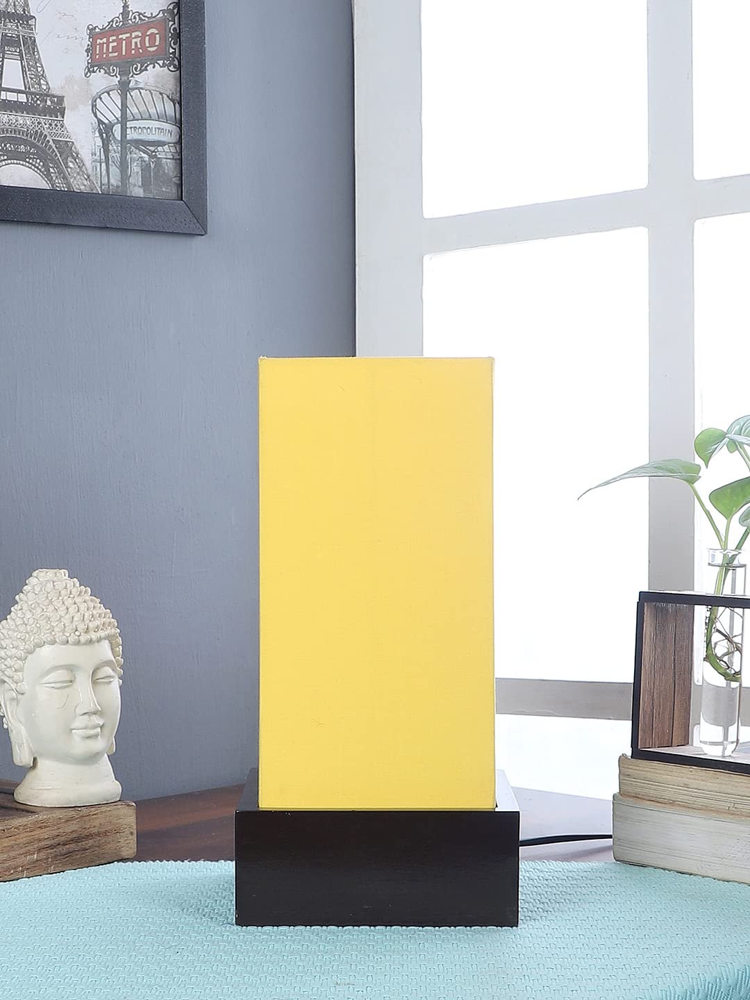 Yellow Cotton Table lamp with Carving Wood Natural Base